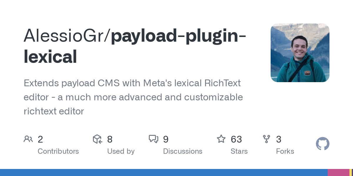 GitHub - AlessioGr/payload-plugin-lexical: Extends payload CMS with Meta's lexical RichText editor - a much more advanced and customizable richtext editor cover image